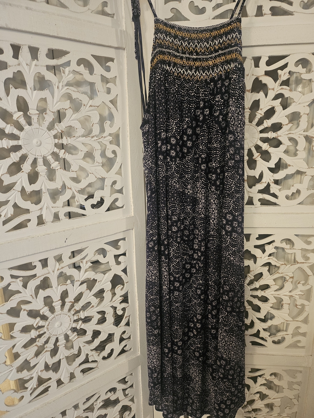 Boho Strappy Maxi Dress with White Paisley and Gold Smocked Bodice